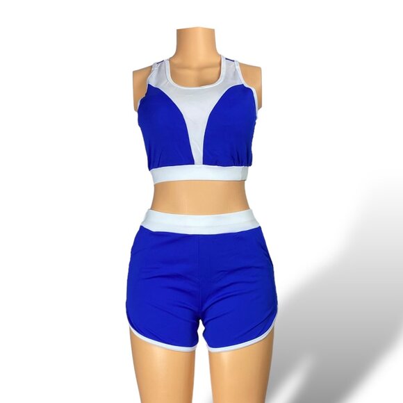 Women Tracksuit Short Sleeve Crop Top & Shorts - Tops with Removable Pads | Blue - Picture 4 of 5